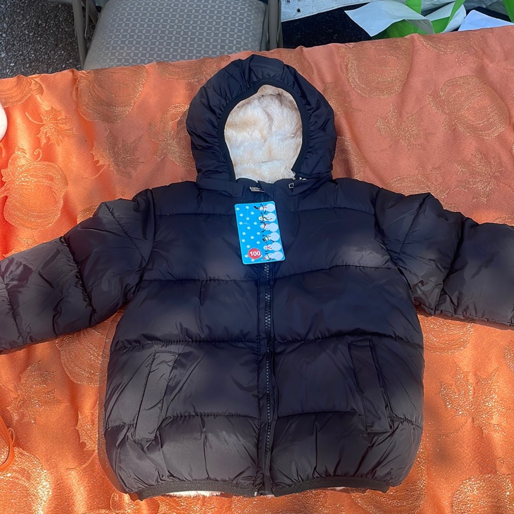 Toddler black puffer coat with tan fur lining